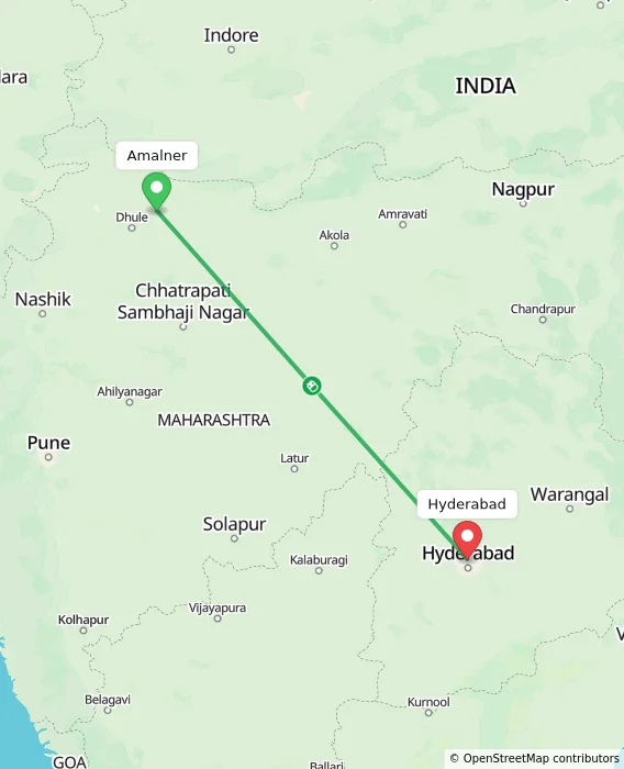 Route map showing distance and travel time from Amalner, India to Hyderabad, India