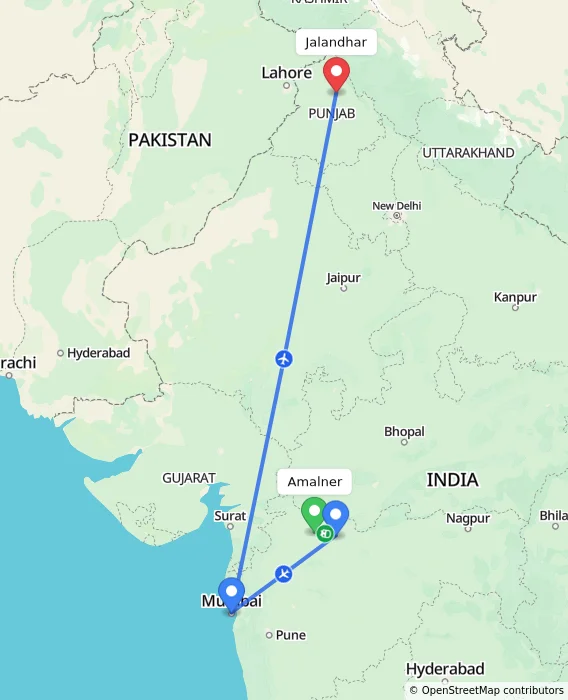 Route map showing distance and travel time from Amalner, India to Jalandhar, India
