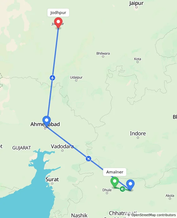 Route map showing distance and travel time from Amalner, India to Jodhpur, India