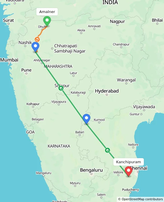 Route map showing distance and travel time from Amalner, India to Kanchipuram, India