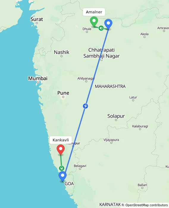Route map showing distance and travel time from Amalner, India to Kankavli, India