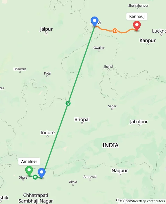 Route map showing distance and travel time from Amalner, India to Kannauj, India