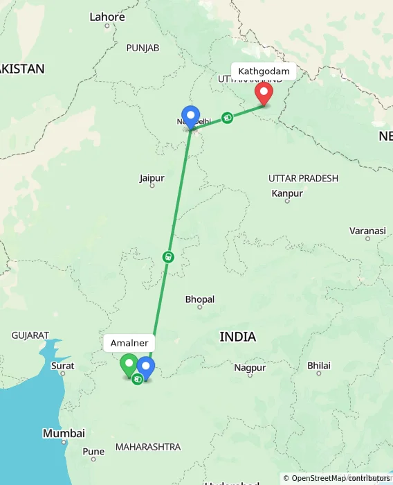 Route map showing distance and travel time from Amalner, India to Kathgodam, India
