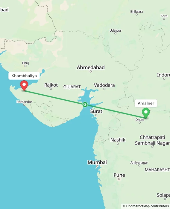 Route map showing distance and travel time from Amalner, India to Khambhaliya, India