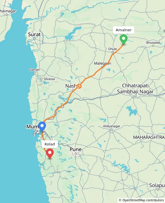 Route map showing distance and travel time from Amalner, India to Kolad, India