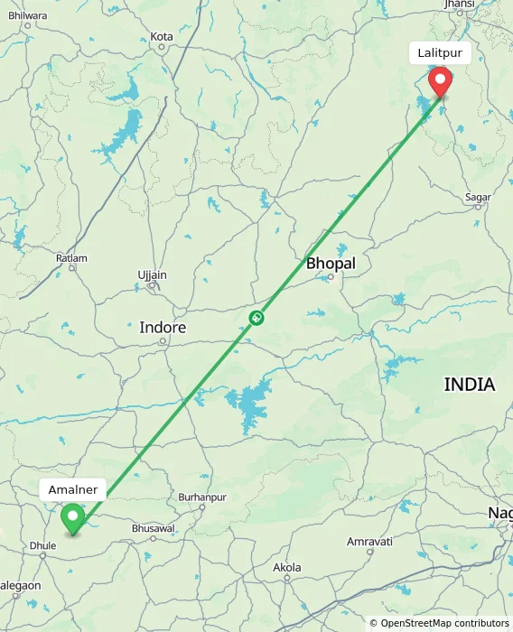 Route map showing distance and travel time from Amalner, India to Lalitpur, India