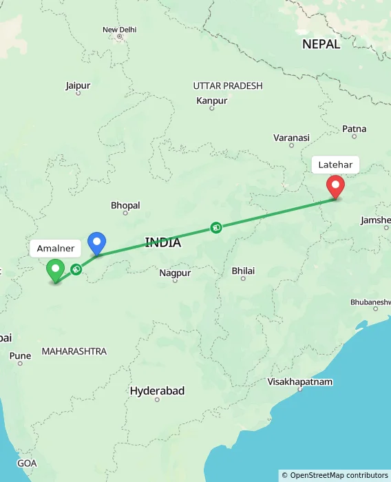 Route map showing distance and travel time from Amalner, India to Latehar, India