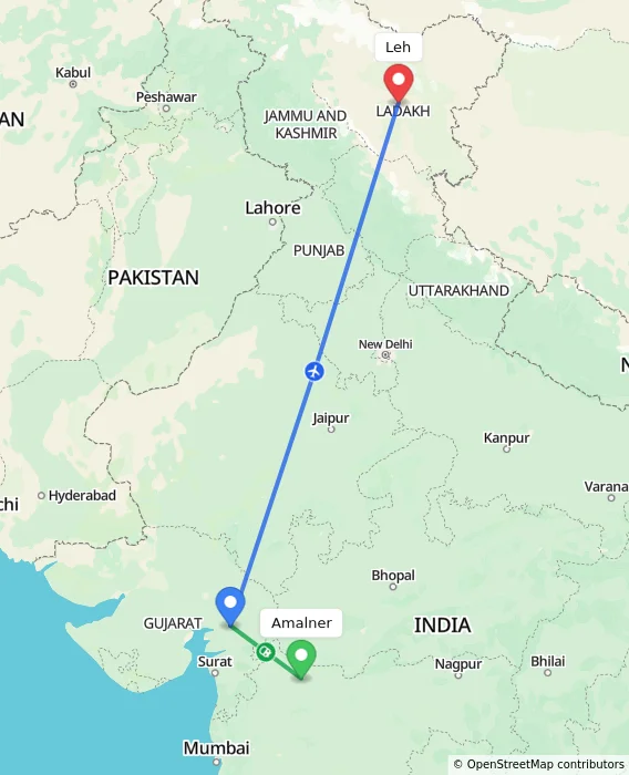 Route map showing distance and travel time from Amalner, India to Leh, India