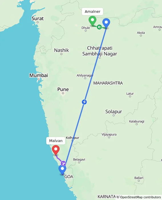 Route map showing distance and travel time from Amalner, India to Malvan, India