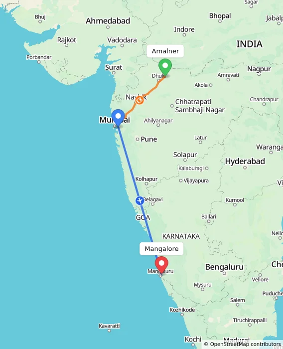 Route map showing distance and travel time from Amalner, India to Mangalore, India