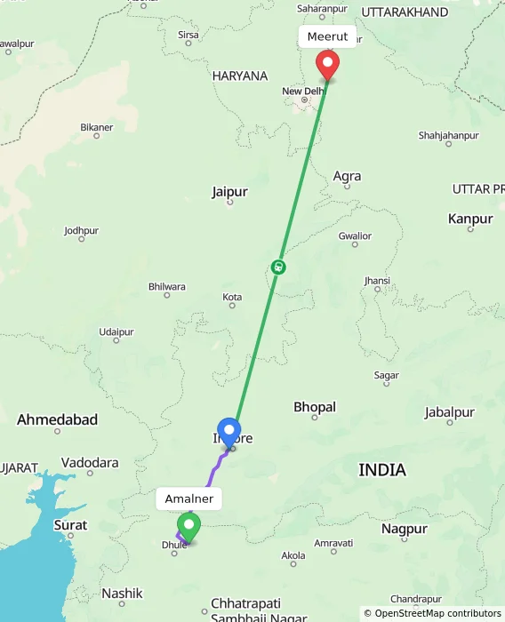 Route map showing distance and travel time from Amalner, India to Meerut, India