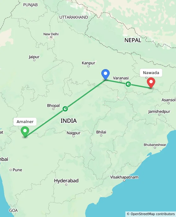 Route map showing distance and travel time from Amalner, India to Nawada, India
