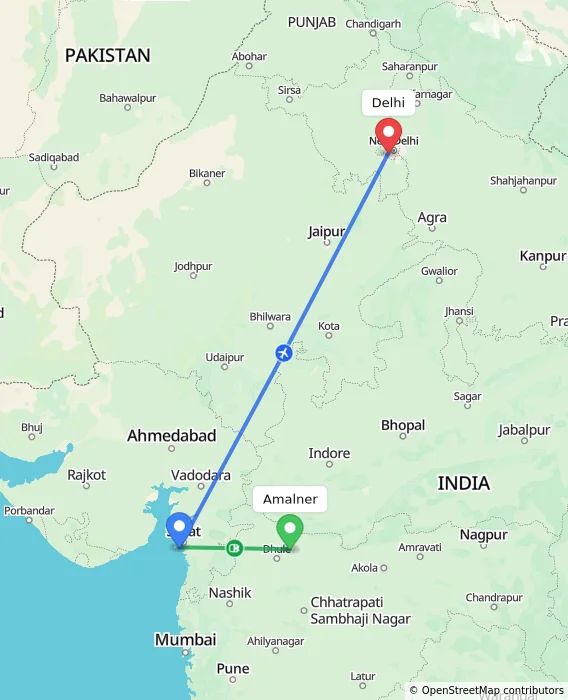 Route map showing distance and travel time from Amalner, India to Delhi, India