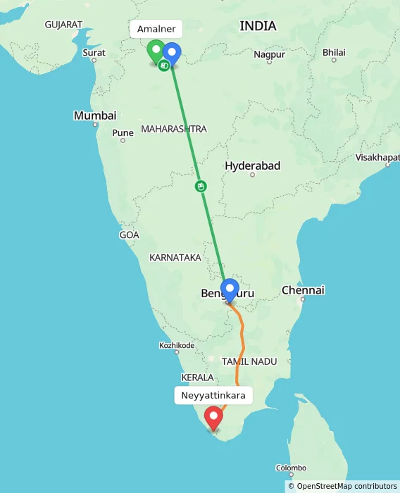 Route map showing distance and travel time from Amalner, India to Neyyattinkara, India