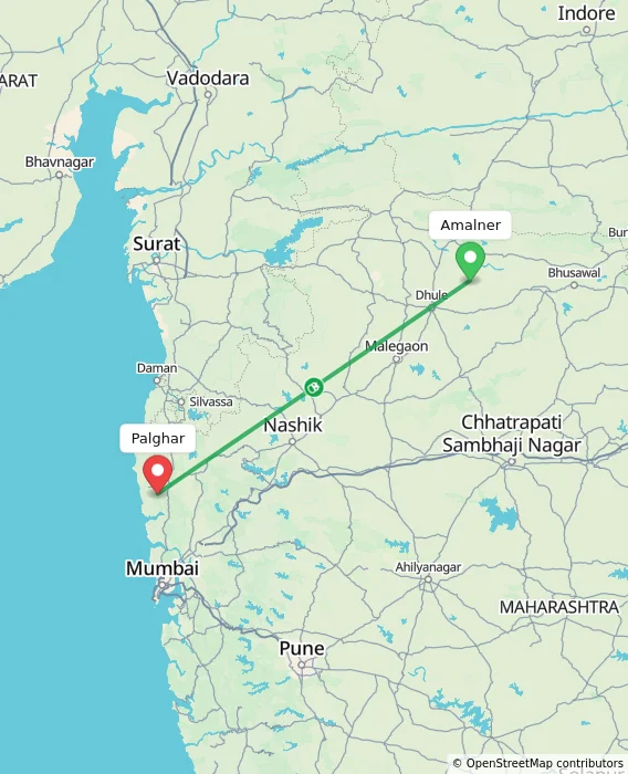 Route map showing distance and travel time from Amalner, India to Palghar, India