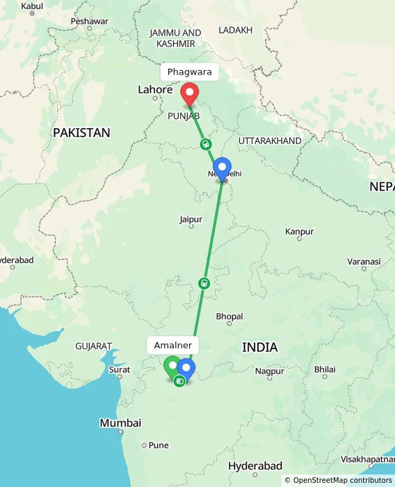 Route map showing distance and travel time from Amalner, India to Phagwara, India