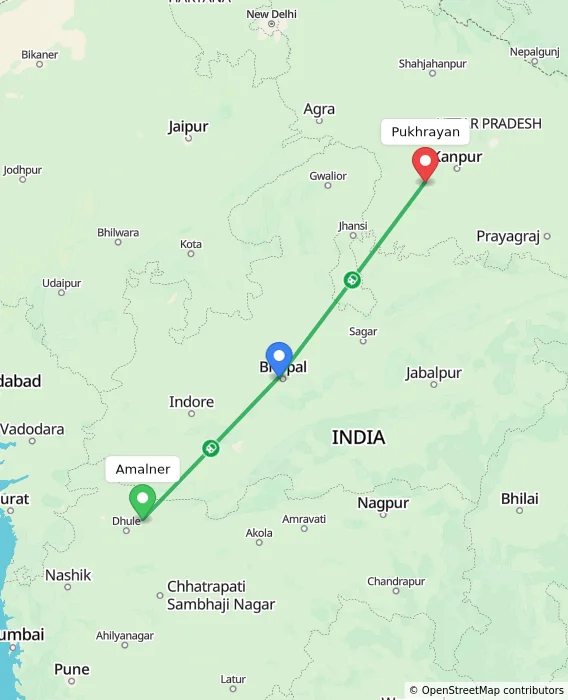 Route map showing distance and travel time from Amalner, India to Pukhrayan, India