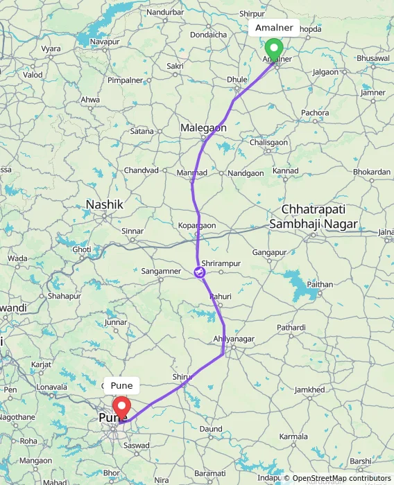 Route map showing distance and travel time from Amalner, India to Pune, India