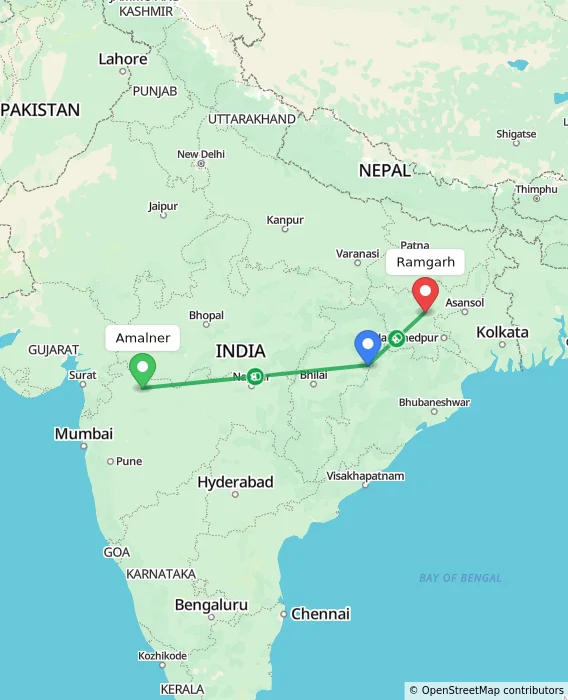 Route map showing distance and travel time from Amalner, India to Ramgarh, India