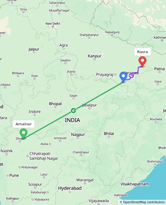 Route map showing distance and travel time from Amalner, India to Rasra, India