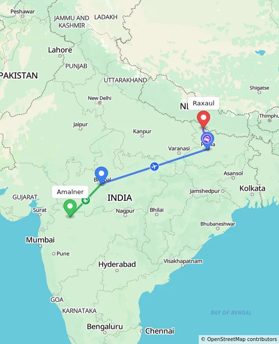 Route map showing distance and travel time from Amalner, India to Raxaul, India