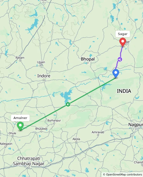 Route map showing distance and travel time from Amalner, India to Sagar, India
