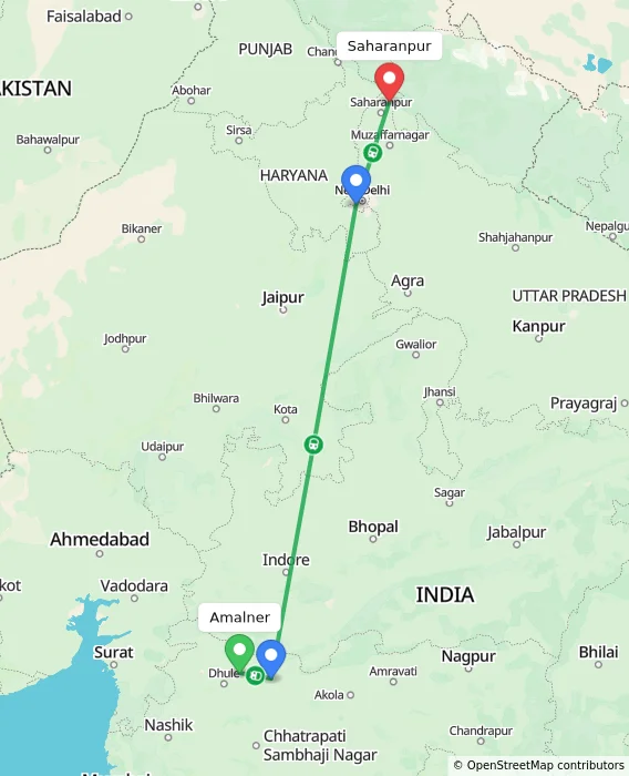 Route map showing distance and travel time from Amalner, India to Saharanpur, India