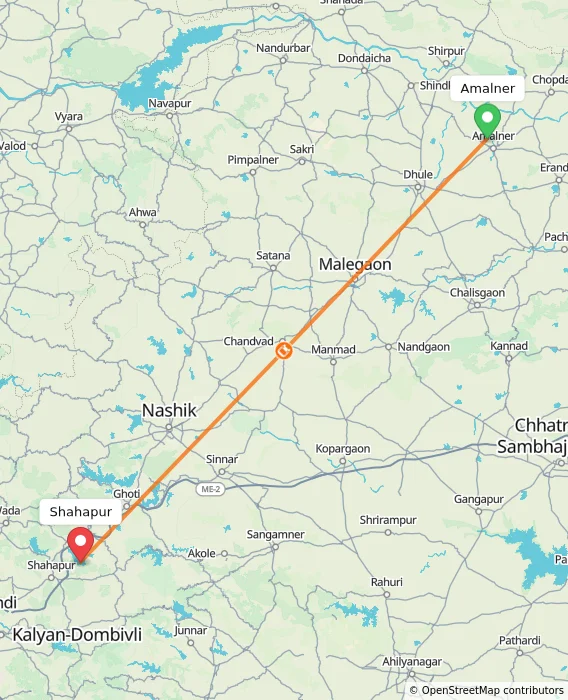 Route map showing distance and travel time from Amalner, India to Shahapur, India