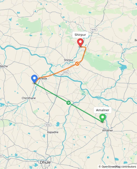 Route map showing distance and travel time from Amalner, India to Shirpur, India