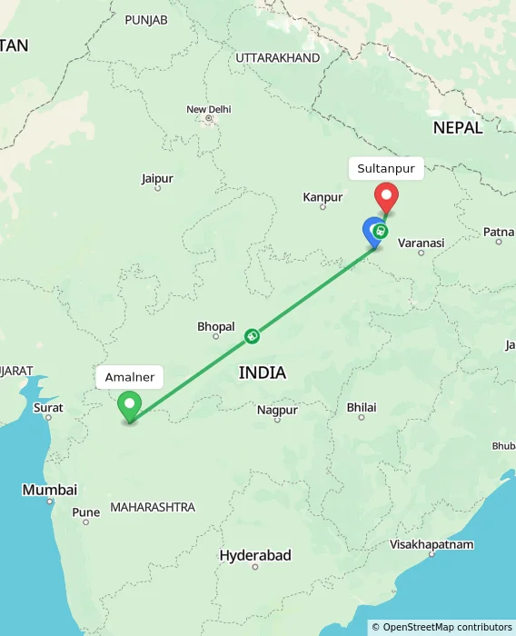 Route map showing distance and travel time from Amalner, India to Sultanpur, India