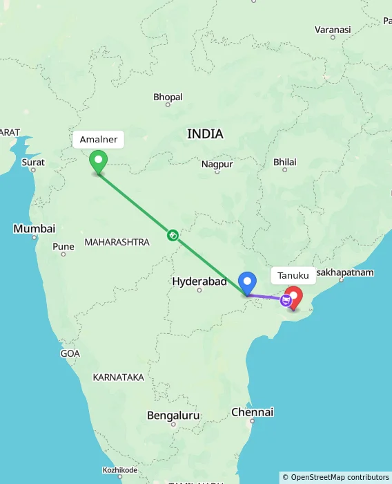 Route map showing distance and travel time from Amalner, India to Tanuku, India