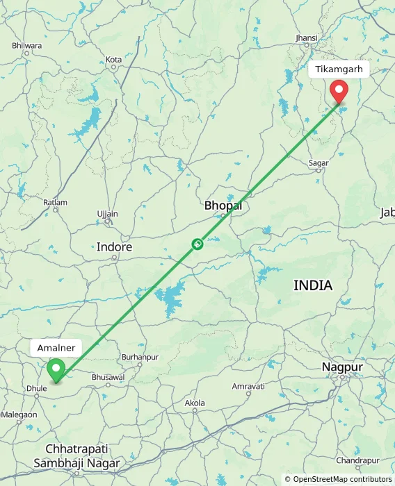 Route map showing distance and travel time from Amalner, India to Tikamgarh, India