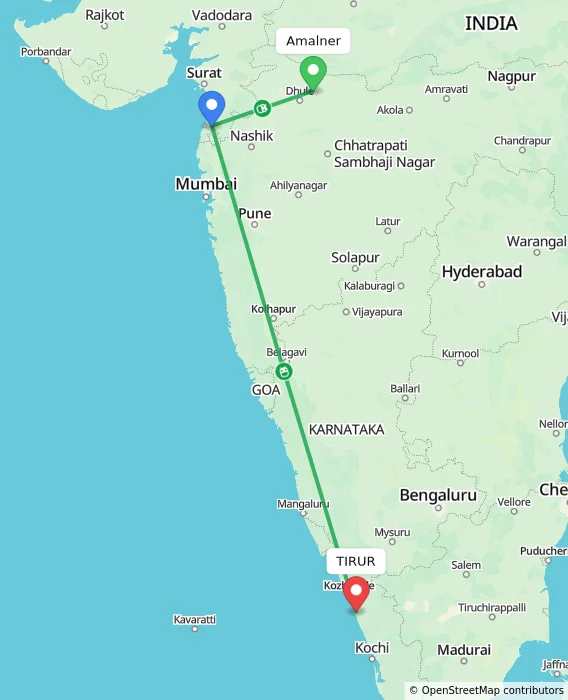Route map showing distance and travel time from Amalner, India to TIRUR, India