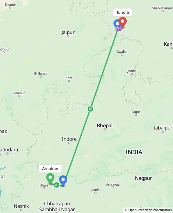 Route map showing distance and travel time from Amalner, India to Tundla, India