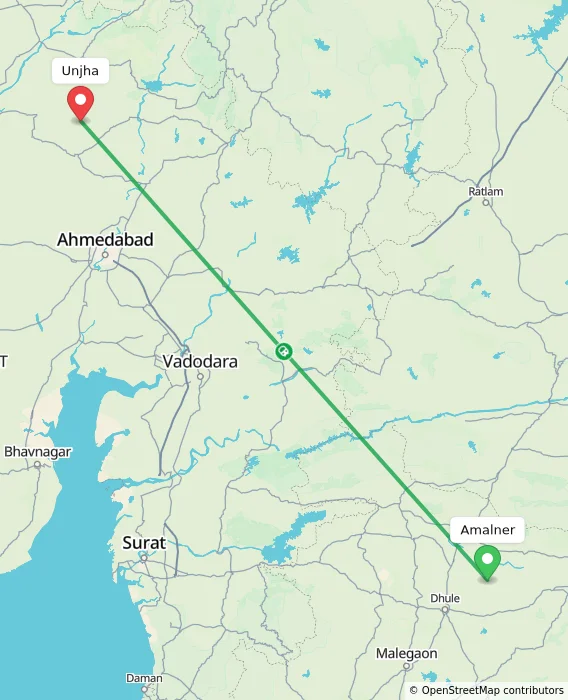 Route map showing distance and travel time from Amalner, India to Unjha, India