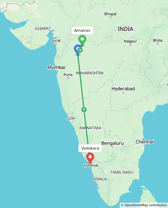 Route map showing distance and travel time from Amalner, India to Vadakara, India