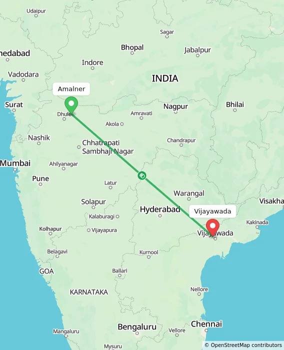 Route map showing distance and travel time from Amalner, India to Vijayawada, India