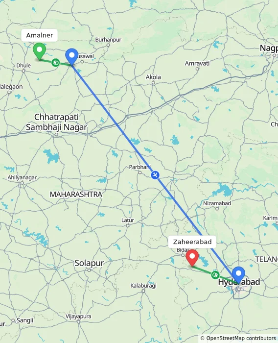 Route map showing distance and travel time from Amalner, India to Zaheerabad, India