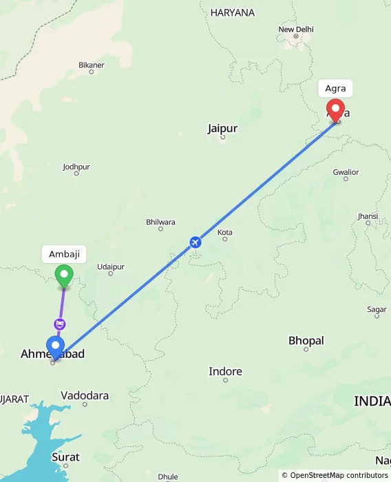 Route map showing distance and travel time from Ambaji, India to Agra, India