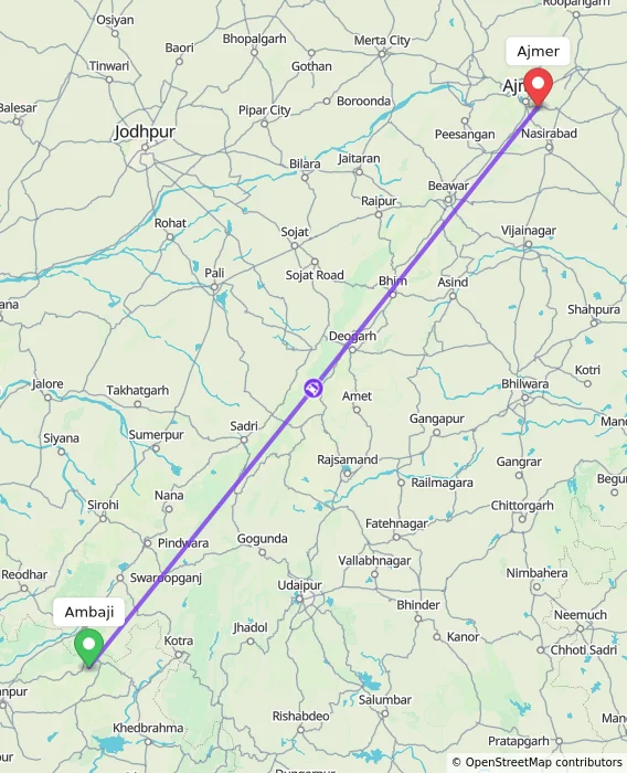 Route map showing distance and travel time from Ambaji, India to Ajmer, India