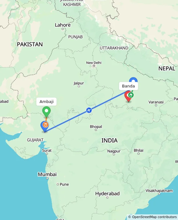 Route map showing distance and travel time from Ambaji, India to Banda, India