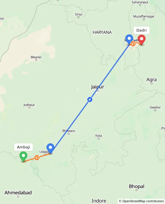 Route map showing distance and travel time from Ambaji, India to Dadri, India