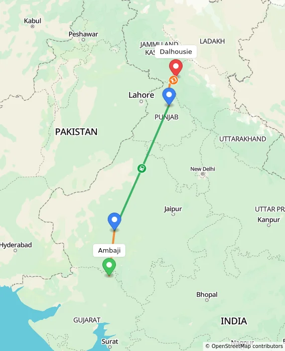 Route map showing distance and travel time from Ambaji, India to Dalhousie, India