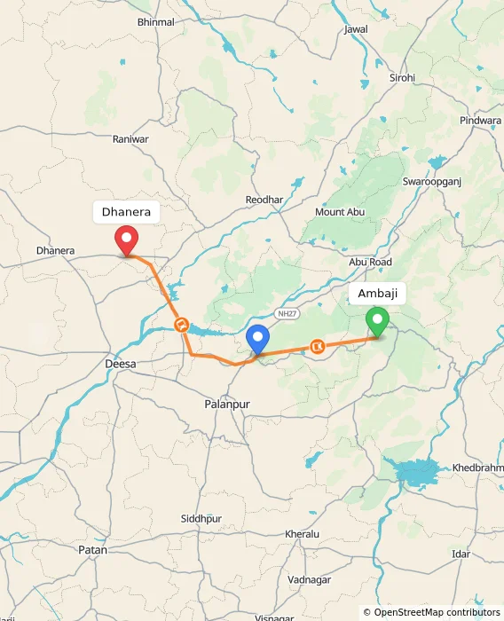 Route map showing distance and travel time from Ambaji, India to Dhanera, India