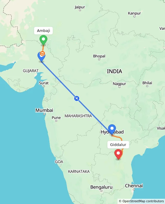 Route map showing distance and travel time from Ambaji, India to Giddalur, India