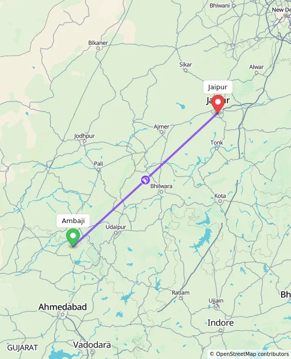 Route map showing distance and travel time from Ambaji, India to Jaipur, India