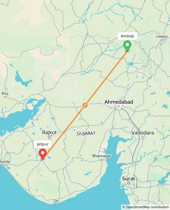 Route map showing distance and travel time from Ambaji, India to Jetpur, India