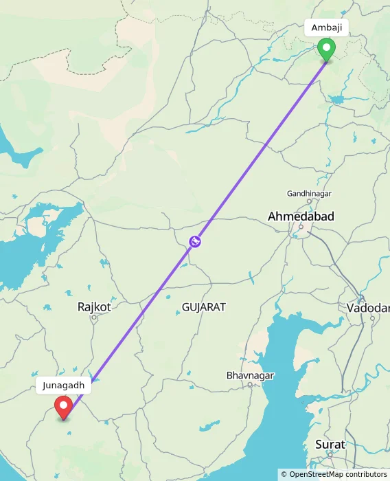 Route map showing distance and travel time from Ambaji, India to Junagadh, India
