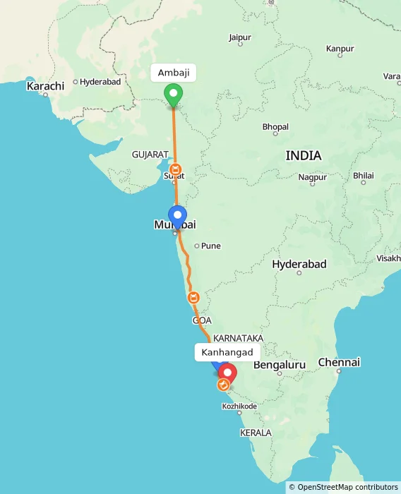 Route map showing distance and travel time from Ambaji, India to Kanhangad, India