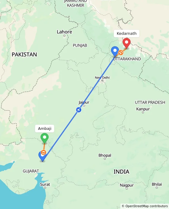 Route map showing distance and travel time from Ambaji, India to Kedarnath, India